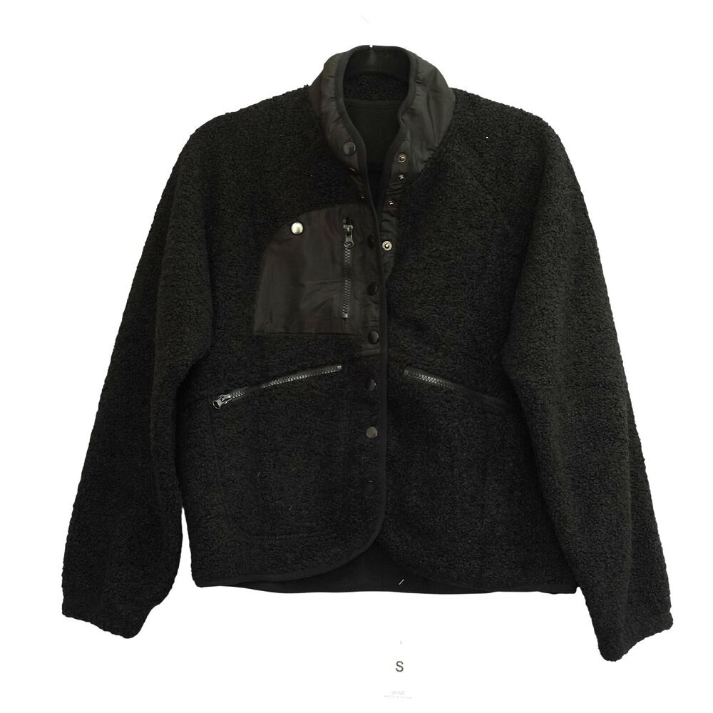 NWT Fashion Womens Snap Button Fleece Jacket Three Zipper Pockets Black Size S